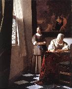 VERMEER VAN DELFT, Jan Lady Writing a Letter with Her Maid ar oil painting